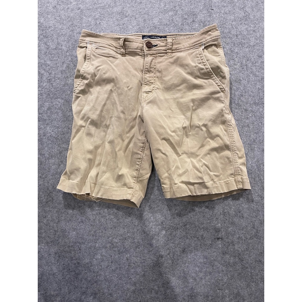 American Eagle Men Khaki Tan Active Flex Classic Chino Shorts Distressed Hem